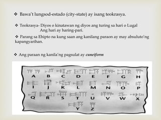  Bawa’t lungsod-estado (city-state) ay isang teokrasya.
 Teokrasya- Diyos o kinatawan ng diyos ang turing sa hari o Lugal
Ang hari ay haring-pari.
 Parang sa Ehipto na kung saan ang kanilang paraon ay may absuluto’ng
kapangyarihan.
 Ang paraan ng kanila’ng pagsulat ay cuneiform
 