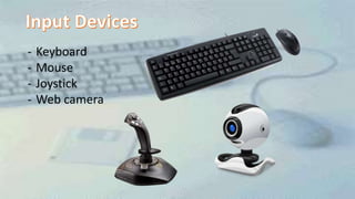 - Keyboard
- Mouse
- Joystick
- Web camera
 