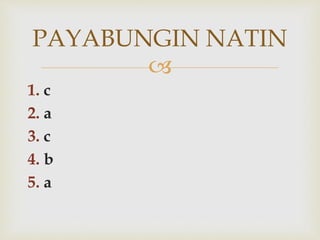 
1. c
2. a
3. c
4. b
5. a
PAYABUNGIN NATIN
 