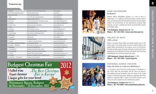 Programme tips                                                                                                                                                                                      2

1 January                                New Year’s concert in the Palace of Arts          www.mupa.hu                   RAM COLOSSEUM




                                                                                                                                                                                                   MUSIC, DANCE AND THEATRES
End of March-beginning of April          Budapest Spring Festival                          www.btf.hu
                                                                                                                         Re:Radnóti
Beginning of March                       Utazás (Travel) exhibition                        www.hungexpo.hu
1 April                                  T-Com Vivicitta City protecting Run               www.futenet.hu                Radnóti Miklós Művelődési Központ is a hub of sorts in
May-September                            Budapest Summer Festival                          www.szabadter.hu              Újlipótváros. It’s a symbiosis of the local library, a senior citizens’
End of June                              T-Com Connection Day - free outdoor concert       www.showtimebudapest.hu       club, recreational space and the RaM Colosseum of visual orgies.
7-10 June                                Buda Gourmet Festival                             www.sziget.hu/budaigourmet    Besides the performances of the ExperiDance company, light
30 June-15 July                          Danube cross swim and festival                    www.ourdanube.com             musicals, concerts, comedies and shows are presented to adults
23 June                                  Night of Museums                                  www.hnm.hu                    and children alike.
July-August                              Music evenings in the Zoo                         www.zoobudapest.com
                                                                                                                         1133 Budapest, Kárpát utca 23. D4
July-August                              Dance evenings in the Carmelite courtyard         www.tancszinhaz.hu
                                                                                                                         Phone: + 36 1 222-5253 / www.ramcolosseum.hu
12 July-9 August                         Music festival at Vajdahunyad castle              www.vajdahunyad.hu
28-29 August                             Formula 1 Grand Prix                              www.hungaroring.hu
6-13 August                              Sziget festival                                   www.sziget.hu
                                                                                                                         PALACE OF ARTS
17-20 August                             Festival of Folk Arts                             www.mestersegekunnepe.hu
                                                                                                                         100% culture
20 August                                St. Stephen’s Day with ﬁreworks                   augusztus20.kormany.hu
End of August - beginning of Semtember   Jewish Summer Festival                            www.jewishfestival.hu         Müpa is the place where tickets are bought months prior to the
29 August - 2 September                  Beer festival in the Buda Castle                  www.budavarisorfesztival.hu   events and it’s not looked down to wait for student tickets to the
9 September                              International Half Marathon                       www.budapestmarathon.com      gallery before performances. No surprise, as you can ﬁnd here’s
12-16 September                          Budapest International Wine Festival              www.winefestival.hu           the most versatile organ of Europe, the famous concert hall, that’s




                                                                                                                                                                                                   CULTURE
20-23 September                          Budapest Sweet Days in the Buda Castle            www.edesnapok.hu              regarded as one of the best of its kind in the world, and the perfect
7 October                                Budapest International Marathon                   www.budapestmarathon.com      representation as to how one should use wood.
4-7 October                              Pálinka and Sausage Festival in the Buda Castle   www.palinkaeskolbasz.hu
16 November - 31 December                Budapest Christmas Market                         www.budapestinfo.hu
                                                                                                                         1095 Budapest, Komor Marcell utca 1. F11
                                                                                                                         Phone: + 36 1 555-3001 / www.mupa.hu



Budapest Christmas Fair                                                                                 2012             NATIONAL DANCE THEATRE
                                                                                                                         Enjoy the show on a seat once Beethoven’s


                   The Best Christmas
                                                                                                                         It is located in one of the most exciting places of Budapest, in
Mulled wine
                  ” Fair in Europe”
                                                                                                                         the Castle. Both the environment and the venue are historic:

 Roast chestnut                                                                                                          the building housing the theater was once home to the Castle
                                                                                                                         Theater of centuries-long fame. Nothing is neglected here from
Unique gifts for your loved
Unique gifts your
   q                                                                                                                     folklore to classical ballet. In spite of the classic location, you’ll
                                                                                                                         ﬁnd up-to-date, progressive and contemporary pieces.
 nes
oVörösmarty Square, Budapest
ones                                                                                                                     1014 Budapest, Színház utca 1-3. C7
                                                                                                                         Phone: + 36 1 457-0848 / www.nemzetitancszinhaz.hu
                               2
 16 November — 31 December, 2012
                                                                                                                                                                                                        31
 