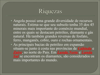 Angola possui uma grande diversidade de recursos naturais. Estima-se que seu subsolo tenha 35 dos 45 minerais mais importante do comércio mundial, entre os quais se destacam petróleo, diamante e gás natural. Há também grandes reversas de fosfato, ferro, manganês, cobre, ouro e rochas ornamentais. As principais bacias de petróleo em expansão situam-se junto á costa nas províncias de  Cabinda  e  Zaire , no norte do Pais. Em  Lunda Norte  e  Lunda Sul  se encontram os diamantes, são considerados os mais importantes do mundo. 