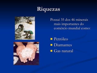 Riquezas Possui 35 dos 46 minerais mais importantes do comércio mundial como: Petróleo Diamantes Gas natural 