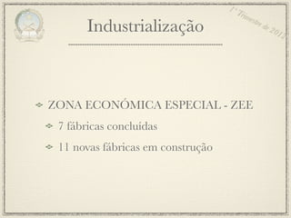 1º T
                                       rim
                                           estr
       Industrialização                        e de
                                                      201
                                                         2




ZONA ECONÓMICA ESPECIAL - ZEE
 7 fábricas concluídas
 11 novas fábricas em construção
 