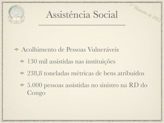 1º T
                                           rim
                                               estr
        Assisténcia Social                         e de
                                                          201
                                                             2




Acolhimento de Pessoas Vulneráveis
 130 mil assistidas nas instituições
 238,8 toneladas métricas de bens atribuídos
 5.000 pessoas assistidas no sinistro na RD do
 Congo
 