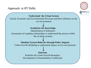 Approach at IIT Delhi

                    Understand the Urban System
 Social, Economic and Environmental Processes and their influence on the
                           eco-environment

                      Synthesize the Knowledge
                      Identification of Indicators
  Assessment of coupling relationships to understand the process within
                         the of urban systems

           Simulate System Behavior through Policy Impacts
     Urban Growth Modeling to understand impact on eco-environment


                              Outcome
                Redefine the Urban Growth Boundary
              Development of Sustainability Coefficients
 
