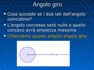 Angolo giro






Cosa succede se i due lati dell’angolo
coincidono?
L’angolo convesso sarà nullo e quello
concavo avrà ampiezza massima
Chiamiamo questo angolo angolo giro

 