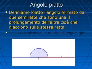 Angolo piatto




Definiamo Piatto l’angolo formato da
due semirette che sono una il
prolungamento dell’altra cioè che
giacciono sulla stessa retta
La sua ampiezza è la metà dell’angolo giro

 