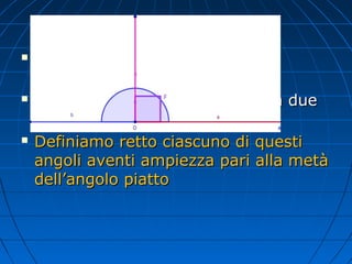 Angolo Retto






Prendiamo un angolo piatto e
tracciamo la sua bisettrice
Tale bisettrice divide l’angolo in due
parti uguali
Definiamo retto ciascuno di questi
angoli aventi ampiezza pari alla metà
dell’angolo piatto

 