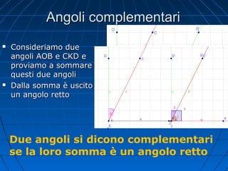 Angoli complementari




Consideriamo due
angoli AOB e CKD e
proviamo a sommare
questi due angoli
Dalla somma è uscito
un angolo retto

Due angoli si dicono complementari
se la loro somma è un angolo retto

 