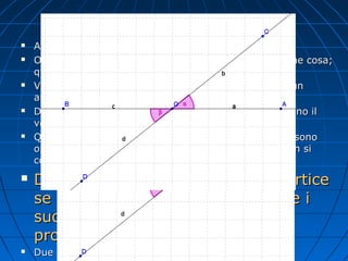 Angoli opposti al vertice













Analizziamo le parole opposti al vertice
Opposto è ciò che sta dall’altra parte rispetto a qualche cosa;
questo qualche cosa si comporta come uno specchio
Vertice indica che questo qualche cosa è il vertice di un
angolo
Da ciò si capisce che due angoli opposti al vertice hanno il
vertice in comune …. Ma ciò non basta
Questi due angoli hanno il vertice in comune ma non sono
opposti al vertice perché il vertice, in questo caso, non si
comporta come uno specchio

Due angoli si dicono opposti al vertice
se hanno il vertice in comune e se i
suoi lati si trovano uno sul
prolungamento dell’altro
Due angoli opposti al vertice sono congruenti α = β

 