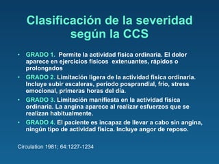 Clasificación de la severidad según la CCS GRADO 1.   Permite la actividad física ordinaria. El dolor aparece en ejercicios físicos  extenuantes, rápidos o prolongados GRADO 2.  Limitación ligera de la actividad física ordinaria. Incluye subir escaleras, período posprandial, frío, stress emocional, primeras horas del día. GRADO 3.  Limitación manifiesta en la actividad física ordinaria. La angina aparece al realizar esfuerzos que se realizan habitualmente. GRADO 4.  El paciente es incapaz de llevar a cabo sin angina, ningún tipo de actividad física. Incluye angor de reposo. Circulation 1981; 64:1227-1234  