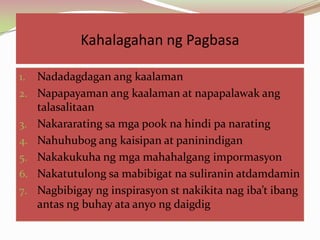 Kahalagahan ng Pagbasa

1.   Nadadagdagan ang kaalaman
2.   Napapayaman ang kaalaman at napapalawak ang
     talasalitaan
3.   Nakararating sa mga pook na hindi pa narating
4.   Nahuhubog ang kaisipan at paninindigan
5.   Nakakukuha ng mga mahahalgang impormasyon
6.   Nakatutulong sa mabibigat na suliranin atdamdamin
7.   Nagbibigay ng inspirasyon st nakikita nag iba’t ibang
     antas ng buhay ata anyo ng daigdig
 