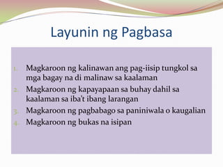 Layunin ng Pagbasa

1. Magkaroon ng kalinawan ang pag-iisip tungkol sa
   mga bagay na di malinaw sa kaalaman
2. Magkaroon ng kapayapaan sa buhay dahil sa
   kaalaman sa iba’t ibang larangan
3. Magkaroon ng pagbabago sa paniniwala o kaugalian
4. Magkaroon ng bukas na isipan
 