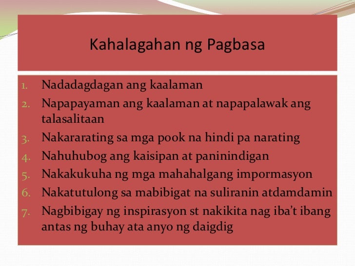 Kahulugan At Kahalagahan Ng Pagbasa Slideshare