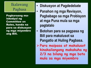 Ikalawang
Pagbasa
• Diskusyon at Pagdedebate
• Panahon ng mga Revisyon,
Pagbabago sa mga Probisyon
at mga Puna mula sa mga
pagtatalo
• Botohan para sa pagpasa ng
Bill para makalusot sa
Pangatlo at Huling Pagbasa.
 Para maipasa at makalusot
kinakailangang makakuha ng
2/3 na bilang ng mga boto
mula sa mga miyembro
Pagkaraang ma-
iskedyul ng
Committee on
Rules, handa na
para sa diskusyon
ng mga miyembro
ang Bill.
 
