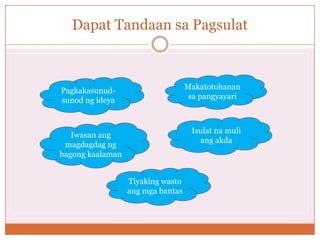 Dapat Tandaan sa Pagsulat



Pagkakasunud-                      Makatotohanan
sunod ng ideya                      sa pangyayari



                                    Isulat na muli
   Iwasan ang
                                      ang akda
 magdagdag ng
bagong kaalaman


                  Tiyaking wasto
                  ang mga bantas
 