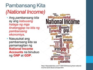 Pambansang Kita
(National Income)
• Ang pambansang kita
ay ang kabuuang
halaga ng mga
tinatanggap na kita ng
pambansang
ekonomiya.
• Nasusukat ang
pambansang kita sa
pamamagitan ng
National Income
Accounts na binubuo
ng GNP at GDP.
https://depositphotos.com/113847204/stock-photo-national-
income-word-cloud-concept.html
 