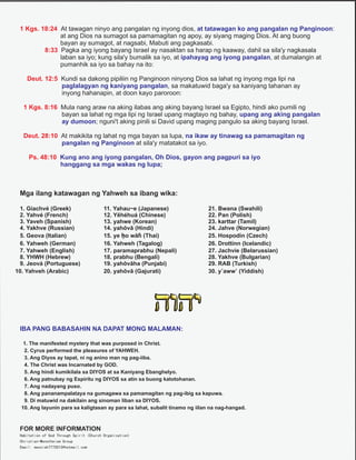 1 Kgs. 18:24
8:33
Deut. 12:5
1 Kgs. 8:16
Deut. 28:10
Ps. 48:10
, sa makatuwid baga'y sa kaniyang tahanan ay
inyong hahanapin, at doon kayo paroroon:
bayan sa lahat ng mga lipi ng Israel upang magtayo ng bahay,
; nguni't aking pinili si David upang maging pangulo sa aking bayang Israel.
At makikita ng lahat ng mga bayan sa lupa,
at sila'y matatakot sa iyo.
Mga ilang katawagan ng Yahweh sa ibang wika:
1. Giachvé (Greek) 11. Yahau~e (Japanese) 21. Bwana (Swahili)
2. Yahvé (French) 12. Yēhéhuá (Chinese) 22. Pan (Polish)
3. Yaveh (Spanish) 13. yahwe (Korean) 23. karttar (Tamil)
4. Yakhve (Russian) 14. yahōvā (Hindi) 24. Jahve (Norwegian)
5. Geova (Italian) 15. ye ḥo wāh̄̒ (Thai) 25. Hospodin (Czech)
At tawagan ninyo ang pangalan ng inyong dios, :
at ang Dios na sumagot sa pamamagitan ng apoy, ay siyang maging Dios. At ang buong
bayan ay sumagot, at nagsabi, Mabuti ang pagkasabi.
Pagka ang iyong bayang Israel ay nasaktan sa harap ng kaaway, dahil sa sila'y nagkasala
laban sa iyo; kung sila'y bumalik sa iyo, at , at dumalangin at
pumanhik sa iyo sa bahay na ito:
Kundi sa dakong pipiliin ng Panginoon ninyong Dios sa lahat ng inyong mga lipi na
Mula nang araw na aking ilabas ang aking bayang Israel sa Egipto, hindi ako pumili ng
6. Yahweh (German) 16. Yahweh (Tagalog) 26. Drottinn (Icelandic)
7. Yahweh (English) 17. paramaprabhu (Nepali) 27. Jachvie (Belarussian)
8. YHWH (Hebrew) 18. prabhu (Bengali) 28. Yakhve (Bulgarian)
9. Jeová (Portuguese) 19. yahōvāha (Punjabi) 29. RAB (Turkish)
10. Yahveh (Arabic) 20. yahōvā (Gajurati) 30.
Habitation of God Through Spirit (Church Organization)
Christian-Monotheism Group
Email: messiah7772013@hotmail.com
at tatawagan ko ang pangalan ng Panginoon
ipahayag ang iyong pangalan
paglalagyan ng kaniyang pangalan
upang ang aking pangalan
ay dumoon
na ikaw ay tinawag sa pamamagitan ng
pangalan ng Panginoon
Kung ano ang iyong pangalan, Oh Dios, gayon ang pagpuri sa iyo
hanggang sa mga wakas ng lupa;
yʼawwʻ (Yiddish)
IBA PANG BABASAHIN NA DAPAT MONG MALAMAN:
1. The manifested mystery that was purposed in Christ.
2. Cyrus performed the pleasures of YAHWEH.
3. Ang Diyos ay tapat, ni ng anino man ng pag-iiba.
4. The Christ was Incarnated by GOD.
5. Ang hindi kumikilala sa DIYOS at sa Kaniyang Ebanghelyo.
6. Ang patnubay ng Espiritu ng DIYOS sa atin sa buong katotohanan.
7. Ang nadayang puso.
8. Ang pananampalataya na gumagawa sa pamamagitan ng pag-ibig sa kapuwa.
9. Di matuwid na dakilain ang sinoman liban sa DIYOS.
10. Ang layunin para sa kaligtasan ay para sa lahat, subalit tinamo ng iilan na nag-hangad.
FOR MORE INFORMATION
 