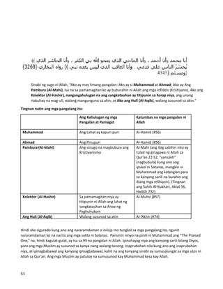 Sinabi ng sugo ni Allah, “Ako ay may limang pangalan: Ako ay si Muhammad at Ahmad; Ako ay Ang
Pambura (Al-Mahi), isa na sa pamamagitan ko ay buburahin ni Allah ang mga Infidels (Kristiyano), Ako ang
Kolektor (Al-Hashir), nangangahulugan na ang sangkatauhan ay titipunin sa harap niya, ang unang
nabuhay na mag-uli, walang mangunguna sa akin; at Ako ang Huli (Al-Aqib), walang susunod sa akin."
Tingnan natin ang mga pangalang ito:
Ang Kahulugan ng mga
Pangalan at Pamagat
Katumbas na mga pangalan ni
Allah
Muhammad Ang Lahat ay kapuri-puri Al-Hamid (#56)
Ahmad Ang Pinupuri Al-Hamid (#56)
Pambura (Al-Mahi) Ang sinugo na magbubura ang
Kristiyanismo
Al-Mahi (ang ibig sabihin nito ay
tulad ng ginagawa ni Allah sa
Qur’an 22:52, "yansakh"
(nagbubura) kung ano ang
ipukol ni Satanas, inangkin ni
Muhammad ang katangian para
sa kanyang sarili na burahin ang
ibang mga relihiyon). (Tingnan
ang Sahih Al-Bukhari, Aklat 56,
Hadith 732)
Kolektor (Al-Hashir) Sa pamamagitan niya ay
titipunin ni Allah ang lahat ng
sangkatauhan sa Araw ng
Paghuhukom
Al-Muhsi (#57)
Ang Huli (Al-Aqib) Walang susunod sa akin Al-‘Akhir (#74)
Hindi ako sigurado kung ano ang nararamdaman o iniisip mo tungkol sa mga pangalang ito, ngunit
nararamdaman ko na narito ang mga salita ni Satanas. Pansinin ninyo na pinili ni Muhammad ang “The Praised
One,” na, hindi kagulat-gulat, ay isa sa 99 na pangalan ni Allah. Ipinahayag niya ang kanyang sarili bilang Diyos,
para ang mga Muslim ay susunod sa kanya nang walang tanong. Inaprubahan nila kung ano ang inaprubahan
niya, at ipinagbabawal ang kanyang ipinagbabawal, kahit na ang kanyang sinabi ay sumasalungat sa mga utos ni
Allah sa Qur’an. Ang mga Muslim ay patuloy na sumusunod kay Muhammad kesa kay Allah.
53
 