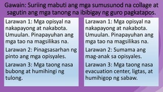 Gawain: Suriing mabuti ang mga sumusunod na collage at
sagutin ang mga tanong na ibibigay ng guro pagkatapos.
Larawan 1: Mga opisyal na
nakapayong at nakabota.
Umuulan. Pinapayuhan ang
mga tao na magsilikas na.
Larawan 2: Pinagsasarhan ng
pinto ang mga opisyales.
Larawan 3: Mga taong nasa
bubong at humihingi ng
tulong.
Larawan 1: Mga opisyal na
nakapayong at nakabota.
Umuulan. Pinapayuhan ang
mga tao na magsilikas na.
Larawan 2: Sumama ang
mag-anak sa opisyales.
Larawan 3: Mga taong nasa
evacuation center, ligtas, at
humihigop ng sabaw.
 