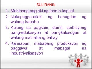 SULIRANIN
1. Mahinang paglaki ng ipon o kapital
2. Nakapagpapalaki ng bahagdan ng
   walang trabaho
3. Kulang sa pagkain, damit, serbisyong
   pang-edukasyon at pangkalusugan at
   walang matirahang bahay
4. Kahirapan, mababang produksyon ng
   paggawa         at     mabagal     na
   industriyalisasyon
 