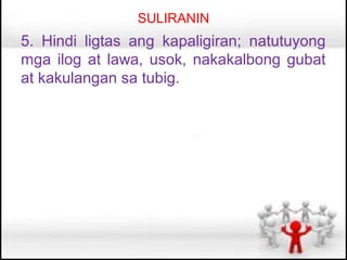 SULIRANIN
5. Hindi ligtas ang kapaligiran; natutuyong
mga ilog at lawa, usok, nakakalbong gubat
at kakulangan sa tubig.
 