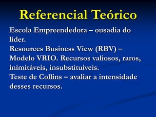 Referencial Teórico
Escola Empreendedora – ousadia do
líder.
Resources Business View (RBV) –
Modelo VRIO. Recursos valiosos, raros,
inimitáveis, insubstituiveis.
Teste de Collins – avaliar a intensidade
desses recursos.
 