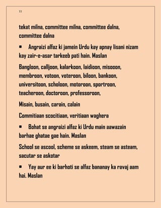 11
tekat milna, committee milna, committee dalna,
committee dalna
• Angraizi alfaz ki jamein Urdu kay apnay lisani nizam
kay zair-e-asar tarkeeb pati hain. Maslan
Bangloon, calljoon, kalarkoon, laidioon, misooon,
membroon, votoon, voteroon, biloon, bankoon,
universitoon, scholoon, motoroon, sportroon,
teacheroon, doctoroon, professoroon,
Misain, busain, carain, calain
Commitiaan scocitiaan, veritiaan waghera
• Bohat se angraizi alfaz ki Urdu main aawazain
barhae ghatae gae hain. Maslan
School se ascool, scheme se askeem, steam se asteam,
sacutar se askotar
• Yay aur ee ki barhoti se alfaz bananay ka ravaj aam
hai. Maslan
 