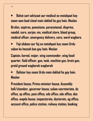14
• Bohat sari adviyaat aur medical se motalqaat kay
naam aam bool chaal main dakhal ho gay hain. Maslan
Brufen, septran, ponestone, paracetamol, disprine,
needal, nurs, surjan, ms, medical store, blood group,
medical offcer, emergency delivery, care, ward waghera
• Foji ohdoon aur foj se motalqaat kay naam Urdu
zoban ka hessah ban gay hain. Maslan
Captain, karnal, major, wing commander, wing head
quarter, field officer, gun, tank, machine gun, brain gun,
praid ground wagherah wagherah
• Dafatar kay naam Urdu main dakhal ho gay hain.
Maslan
President house, Prime minister house, Assembly
hall/chamber, governor house, subae secretariate, dc
office, sp office, post office, sdo office, edo office, deo
office, wapda house, inspectorate, doctorate, ag office,
account office, police station, railway station, booking
 