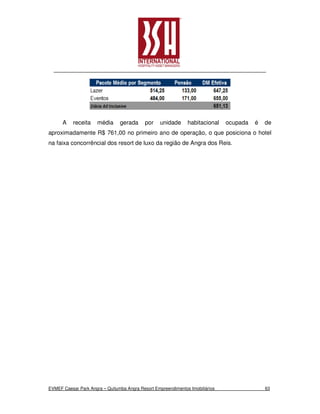 A    receita    média     gerada      por    unidade     habitacional    ocupada   é   de
aproximadamente R$ 761,00 no primeiro ano de operação, o que posiciona o hotel
na faixa concorrêncial dos resort de luxo da região de Angra dos Reis.




EVMEF Caesar Park Angra – Quitumba Angra Resort Empreendimentos Imobiliários                 63
 