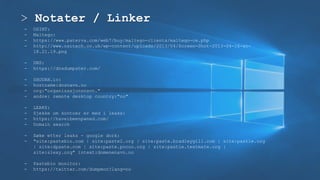 > Notater / Linker
- OSINT:
- Maltego:
- https://www.paterva.com/web7/buy/maltego-clients/maltego-ce.php
- http://www.csitech.co.uk/wp-content/uploads/2013/04/Screen-Shot-2013-04-16-at-
18.21.19.png
- DNS:
- https://dnsdumpster.com/
- SHODAN.io:
- hostname:dnsnavn.no
- org:"organisasjonsnavn."
- andre: remote desktop country:"no"
- LEAKS:
- Sjekke om kontoer er med i leaks:
- https://haveibeenpwned.com/
- Domain search
- Søke etter leaks - google dork:
- "site:pastebin.com | site:paste2.org | site:paste.bradleygill.com | site:pastie.org
| site:dpaste.com | site:paste.pocoo.org | site:pastie.textmate.org |
site:slexy.org" intext:domenenavn.no
- Pastebin monitor:
- https://twitter.com/dumpmon?lang=no
 