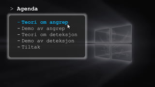 > Agenda
0.0/00
- Teori om angrep
- Demo av angrep
- Teori om deteksjon
- Demo av deteksjon
- Tiltak
Title . @Speaker . Location
 