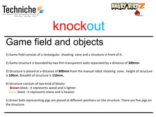 knockout
Game field and objects
1) Game field consists of a rectangular shooting zone and a structure in front of it.

2) Game structure is bounded by two thin transparent walls separated by a distance of 300mm.

3) Structure is placed at a distance of 800mm from the manual robot shooting zone , height of structure
is 100cm. Breadth of structure is 110mm.

4) Structure consists of two kind of blocks:
  -Brown block : it represents wood and is lighter.
  -Grey block : it represents stone and is heavier.

5) Green balls representing pigs are placed at different positions on the structure. There are five pigs on
the structure.
 