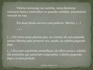 rafabebum.blogspot.com
Vitória resmunga na cozinha, ratos famintos
remexem latas e embrulhos no guarda-comidas, automóveis
roncam na rua.
Em duas horas escrevo uma palavra: Marina. (...)
* * *
(...) Foi entre essas plantas que, no começo do ano passado,
avistei Marina pela primeira vez, suada, os cabelos pegando
fogo.
(...) Era uma sujeitinha vermelhaça, de olhos azuis e cabelos
tão amarelos que pareciam oxigenados. Cabelos pegando
fogo e a cara pintada.
 