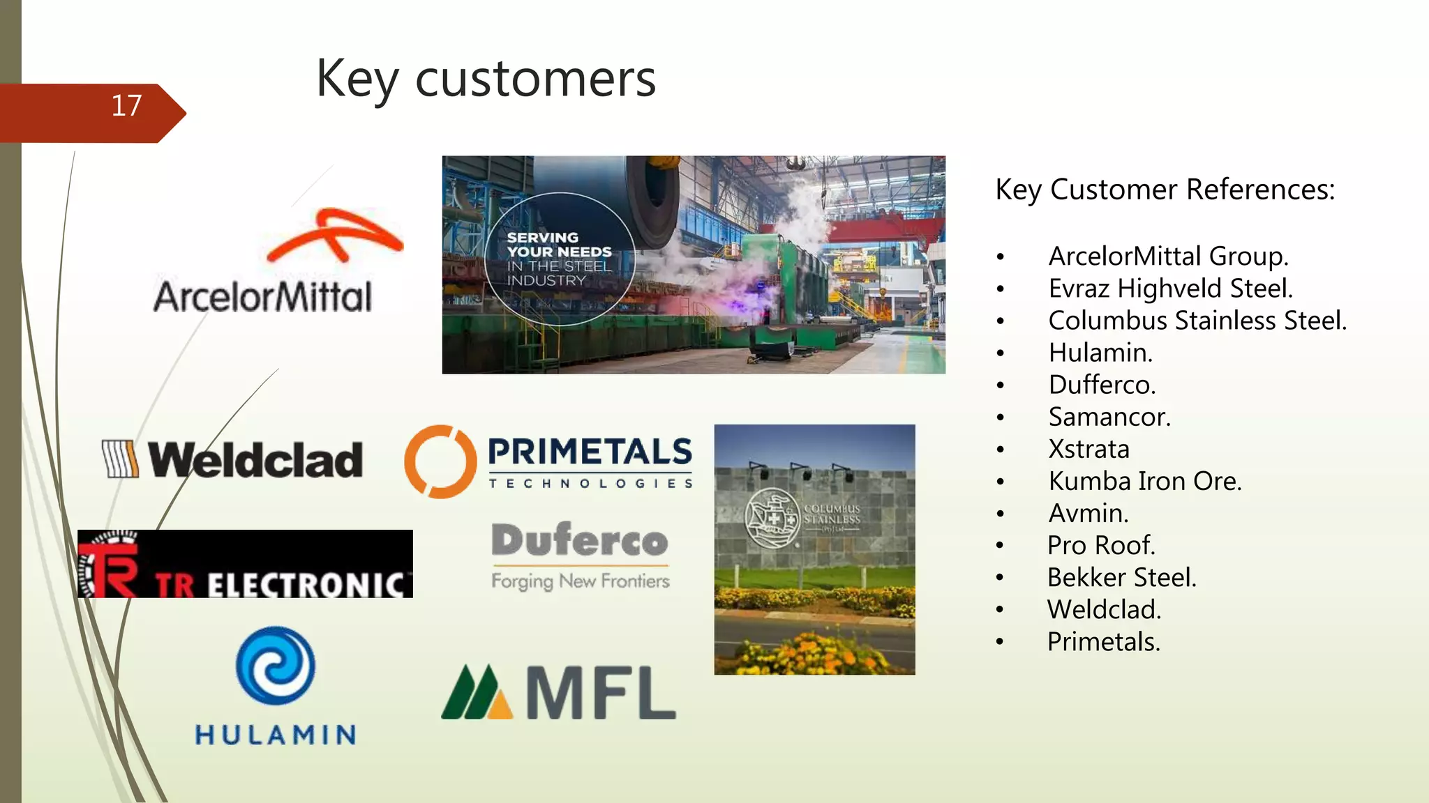 Key customers
Key Customer References:
• ArcelorMittal Group.
• Evraz Highveld Steel.
• Columbus Stainless Steel.
• Hulamin.
• Dufferco.
• Samancor.
• Xstrata
• Kumba Iron Ore.
• Avmin.
• Pro Roof.
• Bekker Steel.
• Weldclad.
• Primetals.
17
 