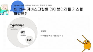 Q. 외부 자바스크립트 라이브러리를 커스텀
하려면?
Typescript를 쓰면서 일어났던 문제점과 해결
해결책
=> 복붙 ( 복사 + 붙여넣기 )
 