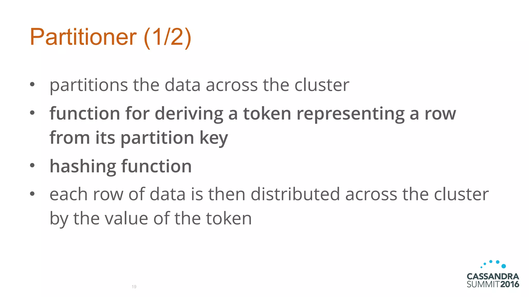 Partitioner (1/2)
• partitions the data across the cluster
• function for deriving a token representing a row
from its partition key
• hashing function
• each row of data is then distributed across the cluster
by the value of the token
19
 