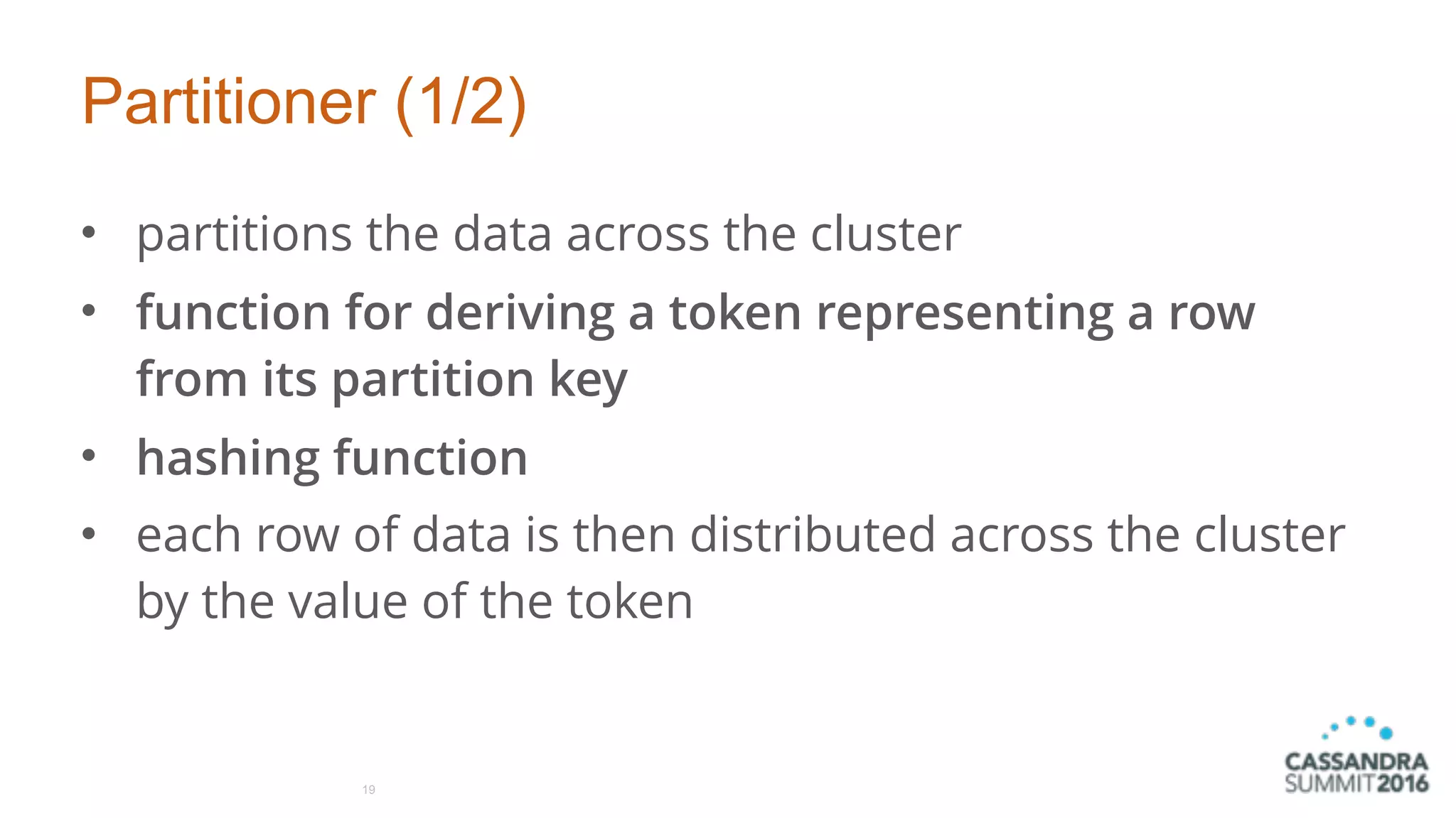Partitioner (1/2)
• partitions the data across the cluster
• function for deriving a token representing a row
from its partition key
• hashing function
• each row of data is then distributed across the cluster
by the value of the token
19
 