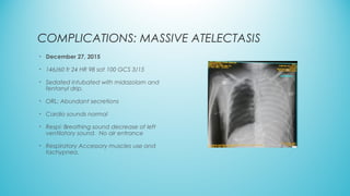 COMPLICATIONS: MASSIVE ATELECTASIS
• December 27, 2015
• 146/60 fr 24 HR 98 sat 100 GCS 3/15
• Sedated intubated with midazolam and
fentanyl drip.
• ORL: Abundant secretions
• Cardio sounds normal
• Respi: Breathing sound decrease of left
ventilatory sound. No air entrance
• Respiratory Accessory muscles use and
tachypnea.
 