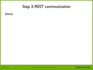 Step 3: REST communication
Demo

November	
  7th,	
  2013

15

Copyright	
  2013	
  Demandware,	
  Inc.	
  All	
  other	
  rights	
  reserved.

 