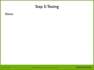 Step 5: Testing
Demo

November	
  7th,	
  2013

20

Copyright	
  2013	
  Demandware,	
  Inc.	
  All	
  other	
  rights	
  reserved.

 