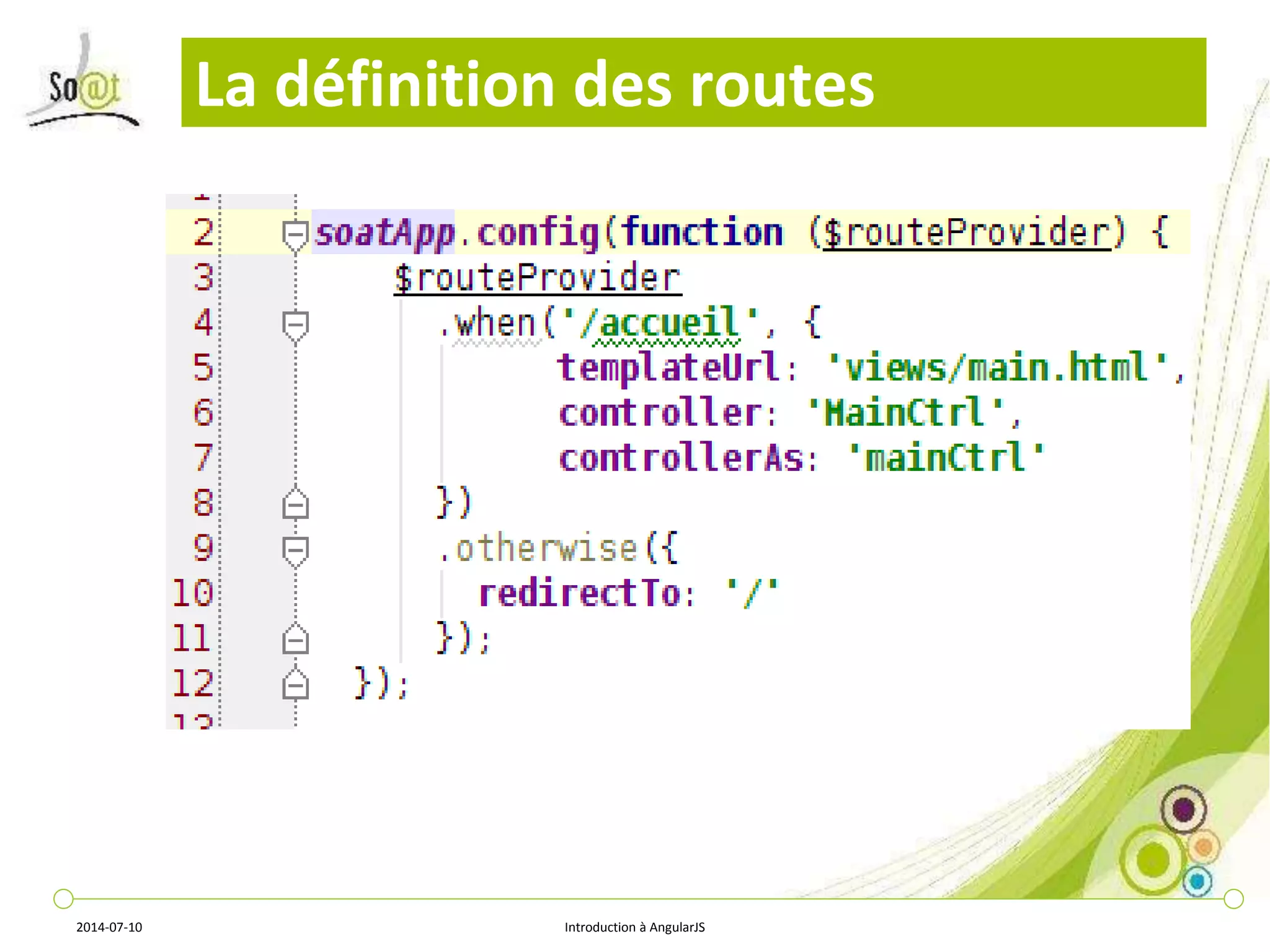 La définition des routes 
2014-07-10 Introduction à AngularJS 
 