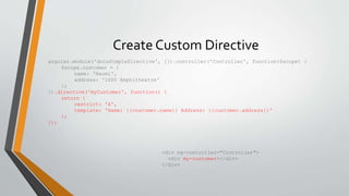 Create Custom Directive 
angular.module('docsSimpleDirective', []).controller('Controller', function($scope) { 
$scope.customer = { 
name: 'Naomi', 
address: '1600 Amphitheatre' 
}; 
}).directive('myCustomer', function() { 
return { 
restrict: 'A', 
template: 'Name: {{customer.name}} Address: {{customer.address}}' 
}; 
}); 
<div ng-controller="Controller"> 
<div my-customer></div> 
</div> 
 