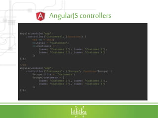AngularJScontrollers
angular.module('app')
.controller('Customers', [function() {
var vm = this;
vm.title = 'Customers';
vm.customers = [
{name: 'Customer 1'}, {name: 'Customer 2'},
{name: 'Customer 3'}, {name: 'Customer 4'}
];
}]);
//VS
angular.module('app')
.controller('Customers', ['$scope', function($scope) {
$scope.title = 'Customers';
$scope.customers = [
{name: 'Customer 1'}, {name: 'Customer 2'},
{name: 'Customer 3'}, {name: 'Customer 4'}
];
}]);
 