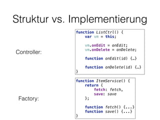 Struktur vs. Implementierung
function ListCtrl() { 
var vm = this; 
 
vm.onEdit = onEdit; 
vm.onDelete = onDelete; 
 
function onEdit(id) {…} 
 
function onDelete(id) {…}  
}
function ItemService() { 
return { 
fetch: fetch, 
save: save 
}; 
 
function fetch() {...} 
function save() {...} 
}
Controller:
Factory:
 