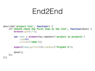 End2End
describe('project list', function() { 
it('should check the first item in the list', function(done) { 
browser.get('/'); 
 
var name = element(by.repeater('project in projects') 
.row(0) 
.column('name')); 
 
expect(name.getText()).toEqual('Projekt A'); 
 
done(); 
}); 
});
 