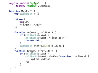 angular.module('myApp', []) 
.factory('MsgBus', MsgBus); 
 
function MsgBus() { 
var callbacks = {}; 
 
return { 
on: on, 
trigger: trigger 
}; 
 
function on(event, callback) { 
if (callbacks[event]) { 
callbacks[event] = [callback]; 
return this; 
} 
callbacks[event].push(callback); 
} 
function trigger(event, data) { 
if (callbacks[event]) { 
callbacks[event].forEach(function (callback) { 
callback(data); 
}); 
} 
} 
}
 