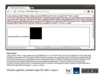 A2: The Sanitizer
● AngularJS has an integrated HTML sanitizer.
● It's a component called $sanitize.
● It's purpose is to wash away XSS attacks
from a string of HTML.
● And return a clean string of HTML ready for
safe and secure usage.
● There is two major versions, one horrible
version, one that's not so bad.
 
